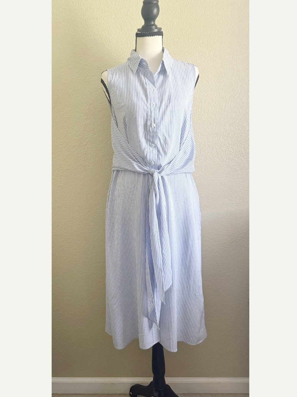 Gerry Weber Sleeveless Blue Stripe Tie-Waist Shirt Dress Size 8